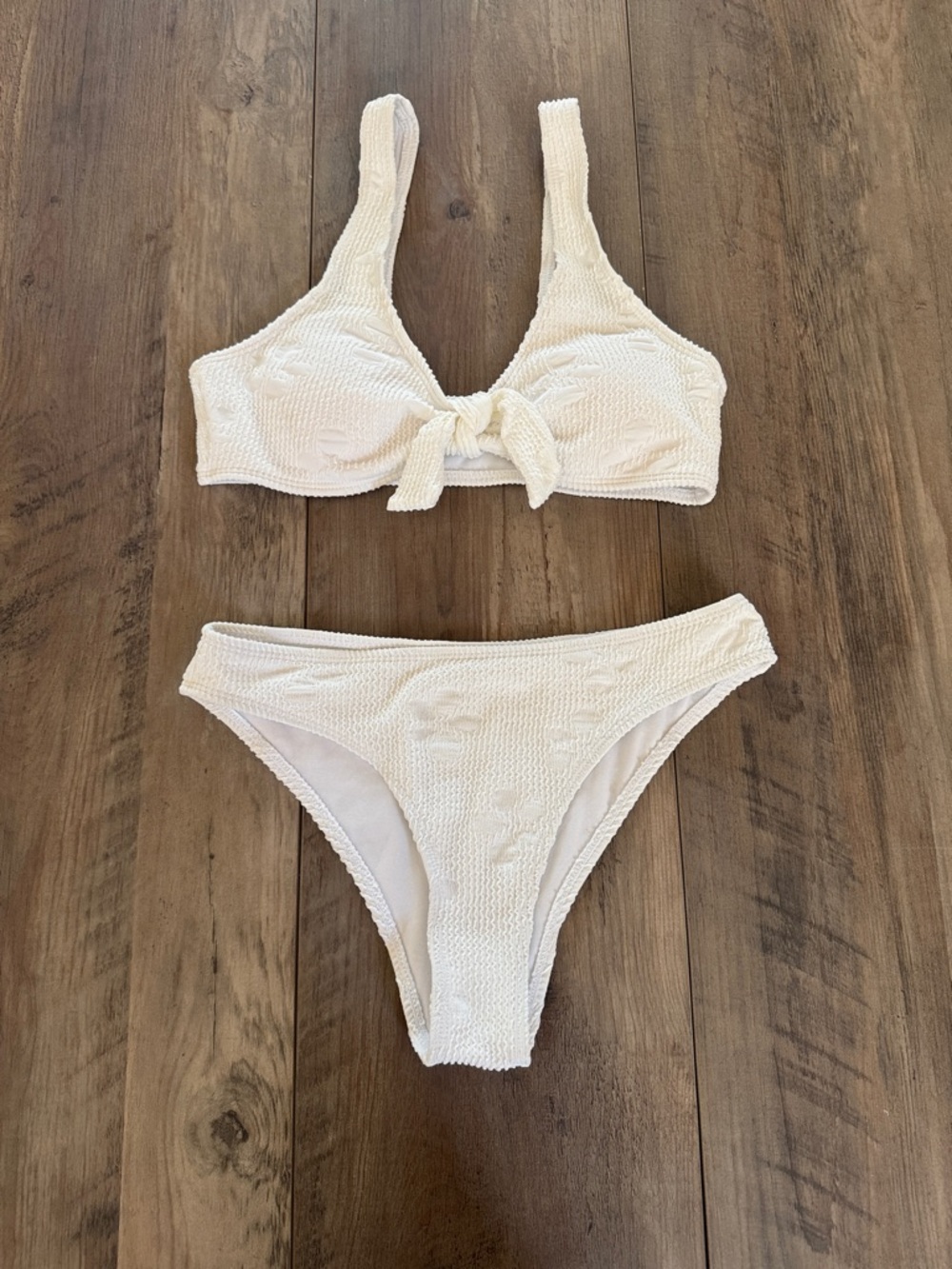 Textured White Tie-Front Bikini Set